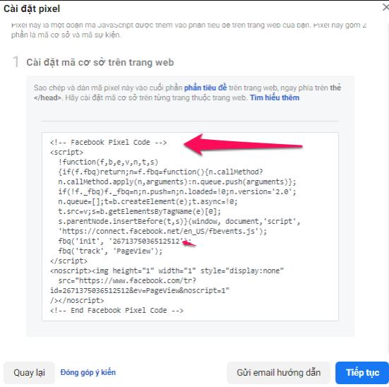 cài đặt mã Pixel Facebook 