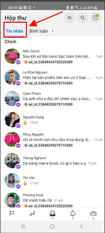 trả lời tin nhắn fanpage trên mobile